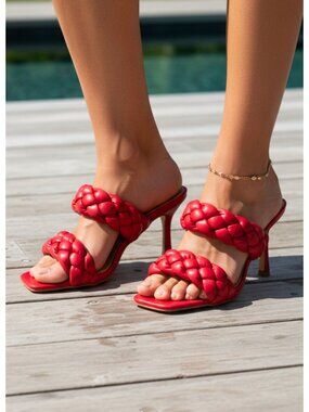 Braided Red High Heel Slide Sandals With Square Toe & Double Strap Design